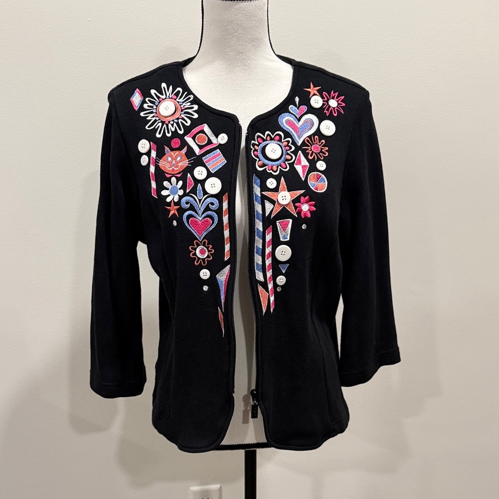 Bob Mackie Jubilation Embroidered Black Cat Cardigan Size Medium
